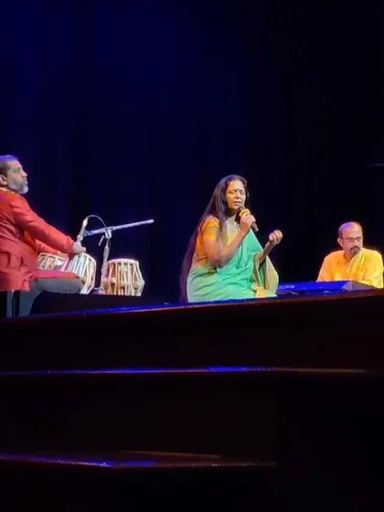On stage during a performance at the Jackfruit Festival. Accompanied by talented musicians on tabla and keyboard, I had the privilege of sharing the beauty of Sugama Sangeetha with a diverse audience.