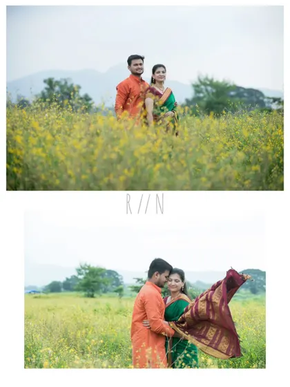 A two-panel photo from a traditional outdoor maternity shoot. The top image is a classic portrait in the flower field, while the bottom captures a dynamic, romantic moment with the saree's pallu flowing in the air.
