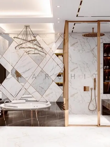 The ultimate luxury bathroom render, complete with a jacuzzi tub set against a diamond-patterned mirrored wall, a walk-in shower, and a double vanity.