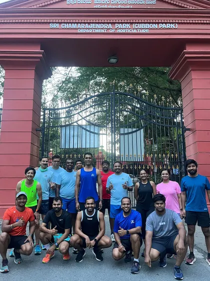 The team posing at the iconic entrance to Sri Chamarajendra Park, our home ground, after a satisfying morning run.