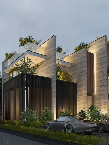Our design for a modern composite facade in South City 1, Gurugram. The design plays with clean vertical and horizontal lines, using raw concrete for strength and warm wooden slats for richness, all balanced with green terraces.