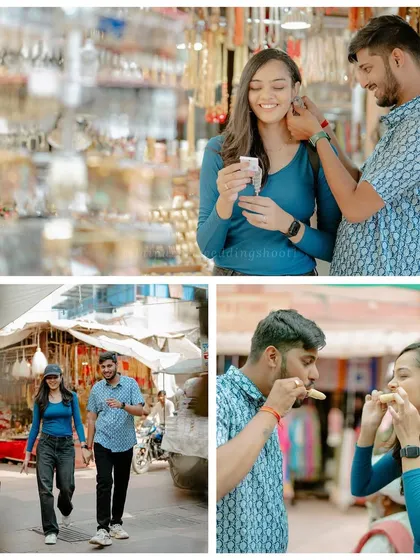 A collage of Sunil and Shalini's fun and candid street photography session, exploring the local markets and trying street food.