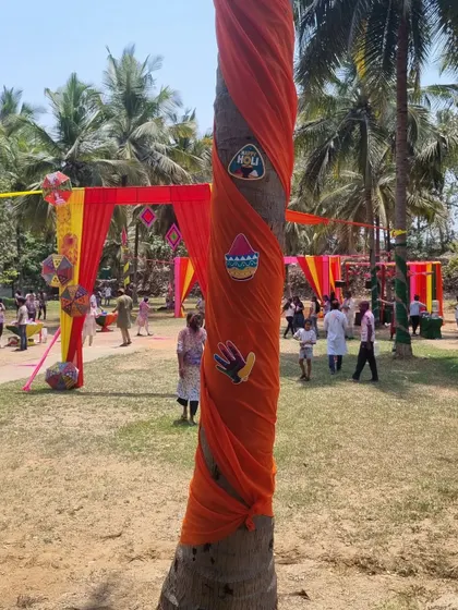 A closer look at the themed decorations on a tree trunk, showing our commitment to creating a fully immersive event environment.