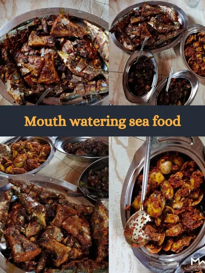 A collage showcasing the incredible seafood spread available on our Mulki trips.
