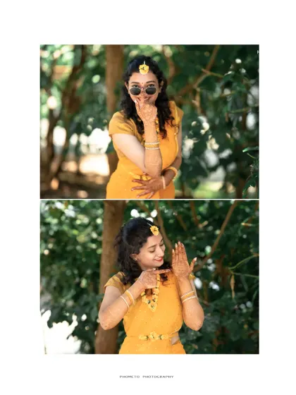 A collage showing the bride's playful poses and beautiful henna-adorned hands.