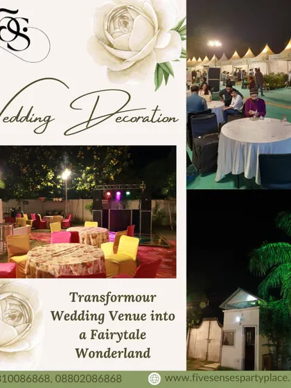 Our expertise extends to creating magical outdoor atmospheres. This collage showcases our versatile wedding decoration services, including a spacious tent setup for an evening reception and a lively DJ area to keep the party going.