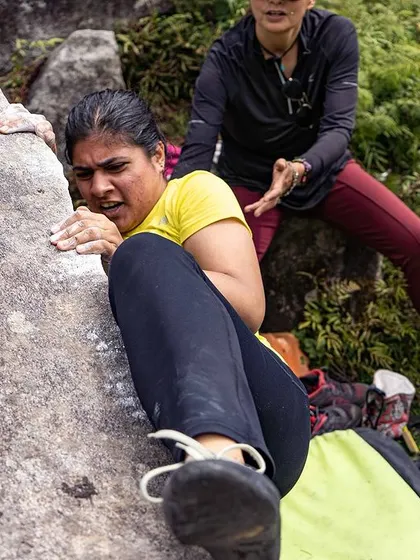 The "try-hard" face says it all. This close-up from our Badami trip shows the grit and determination it takes to pull through a tough move.
