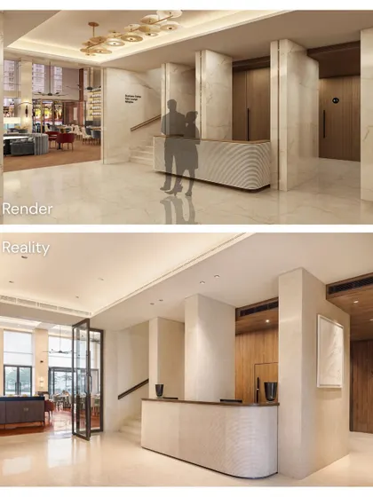 The reception area sets the first impression. Our design for the Elevate Clubhouse entrance, seen here from render to reality, uses clean lines, a curved desk with fluted details, and a neutral palette to create a welcome that is both warm and sophisticated.