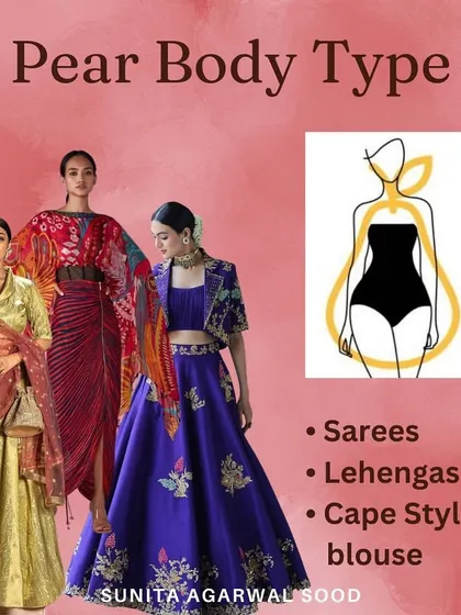 Styling tips for the pear body type. I recommend sarees, lehengas, and cape-style blouses to create a balanced and flattering silhouette.