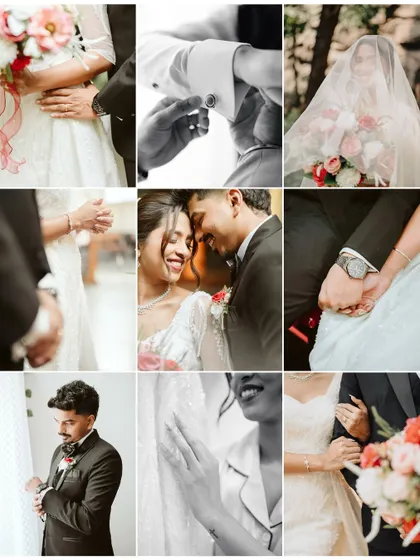 A collage of moments from a beautiful Christian wedding, from the groom getting ready to the couple's intimate embraces. It tells the story of the day through a series of heartfelt details.