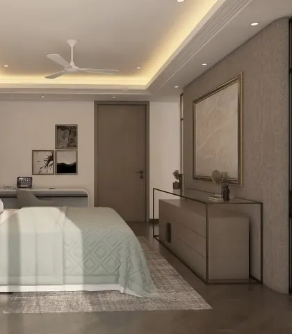 A 3D render showing the transformation of a master bedroom. The design includes a custom bed, a study nook, and a glass partition leading to a TV lounge, creating a multi-functional and luxurious personal suite.