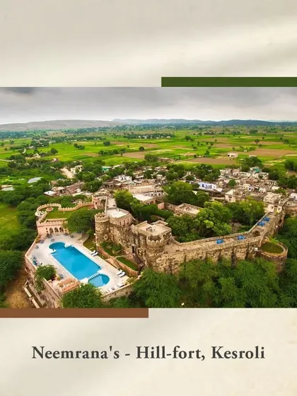 An aerial view of Neemrana's Hill-Fort in Kesroli, a unique and stunning venue for an intimate destination wedding.