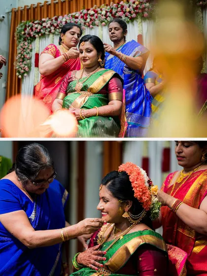 Female relatives help the mother-to-be with her hair and jewelry during her baby shower. We capture these behind-the-scenes moments of preparation and care.