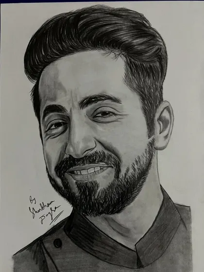 A smiling portrait of actor and singer Ayushmann Khurrana. This piece captures his friendly and approachable personality through detailed pencil work.