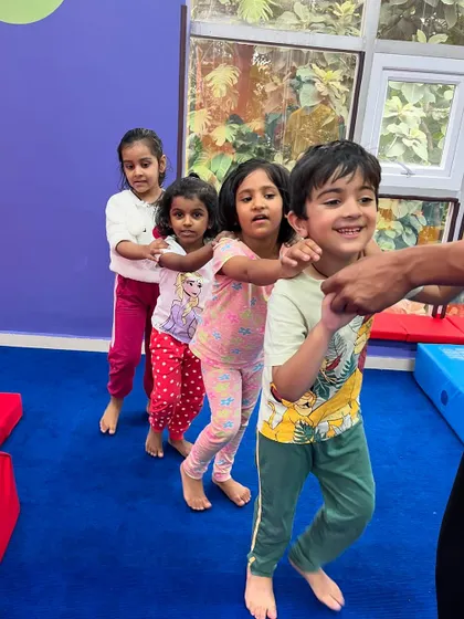 All aboard the friend train. Group activities like this are a fun way for preschoolers to learn about cooperation, teamwork, and moving together, building friendships as they build their skills.