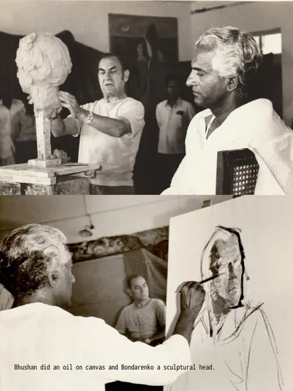 A diptych showing Vidya Bhushan painting a portrait of Bondarenko, while Bondarenko sculpts a bust. This image captures a moment of cross-cultural artistic dialogue, a key theme in the exhibition.