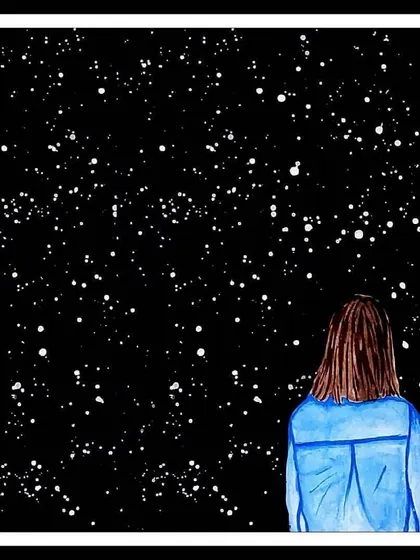 A girl looking up at a sky full of stars. I know nothing with certainty, but the sight of the stars makes me dream. This painting is about that sense of wonder and possibility.