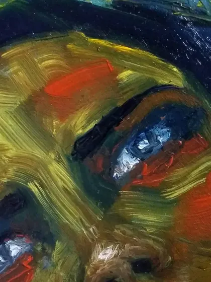 Another close-up of the abstract oil portrait, showing the rich texture and color blending I achieved with a palette knife.