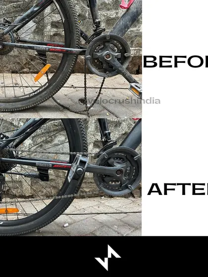 This Frog bicycle came in with a broken chain link. Our service brought the drivetrain back to perfect working order, as seen in this before and after.