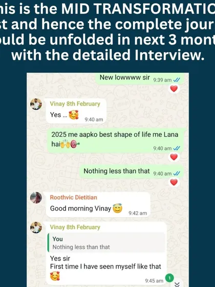 This is Vinay's mid-transformation progress, a chartered accountant who lost 14 kgs. We used a customized nutrition strategy with home-cooked meals like poha, eggs, and sprout salad, combined with short 20-minute home workouts. His weekly measurements show the consistent results.