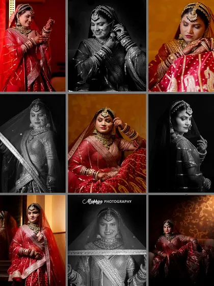A grid of nine bridal portraits, mixing color and black and white. This comprehensive collage shows the bride in various poses and moods, offering a complete look at her bridal photoshoot.