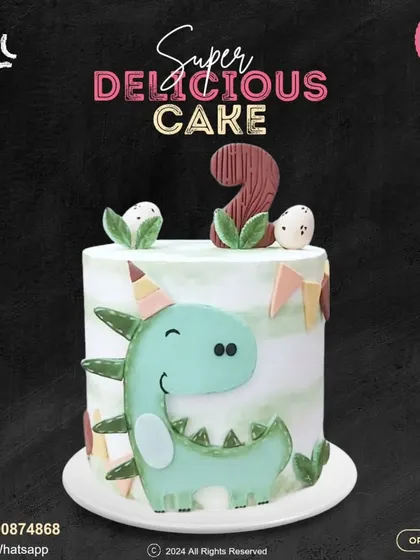 A dino-mite cake for a second birthday! This adorable design features a friendly green dinosaur, a rustic number '2' topper, and cute little dinosaur eggs.