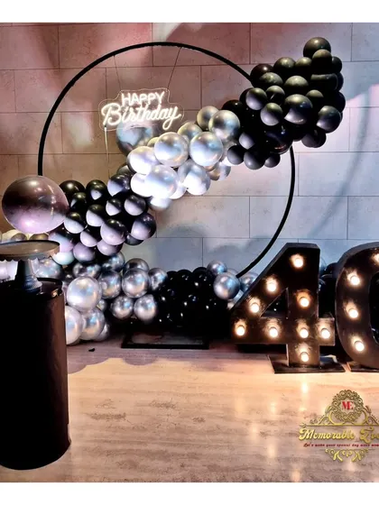 A stylish 40th birthday decoration with a black and silver balloon ring and large marquee numbers.
