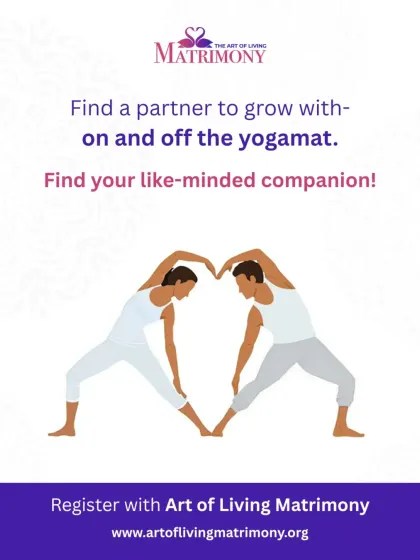An illustration of a couple forming a heart shape with a yoga pose. Find a partner to grow with, both on and off the yogamat, and build a life of shared wellness and inner peace.