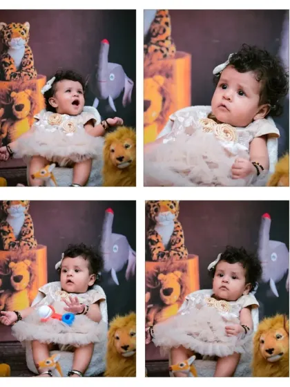A four-photo collage capturing the many expressions of a baby girl during her jungle-themed shoot. From a big yawn to a curious stare, I capture all the real moments.