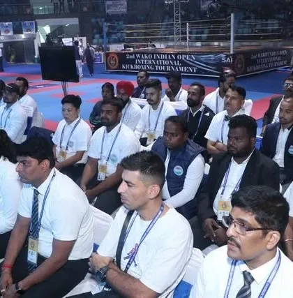 Officials and dignitaries seated at the WAKO Indian Open. The presence of esteemed guests highlights the growing stature of kickboxing in India.