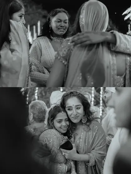 A collage of hugs and tears. These black and white images focus on the deep emotional connections between the bride and her loved ones, moments of farewell and blessing that are incredibly powerful.