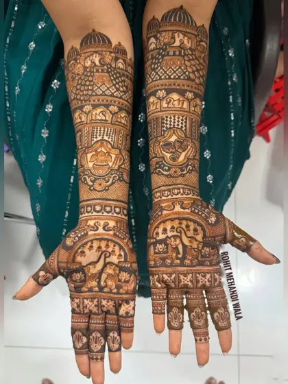 In this full bridal design, I included figures of a bride and groom in a traditional setting. This kind of storytelling through henna is a beautiful way to celebrate your union.