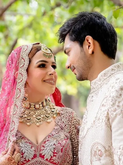 A beautiful portrait of the couple, capturing their loving gaze.