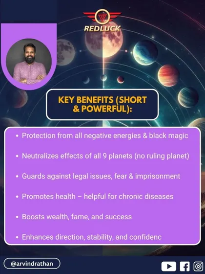 The key benefits of the 10 Mukhi Rudraksha are powerful and direct. It provides protection from all negative energies and black magic, guards against legal issues, and boosts wealth, fame, and success.