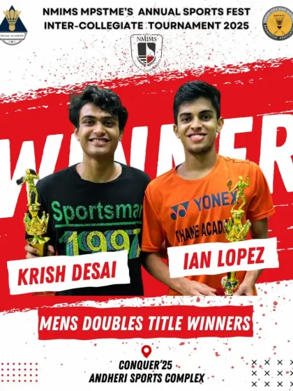 Krish Desai and Ian Lopez after winning the Men's Doubles title at the NMIMS Inter-Collegiate Tournament, representing our academy's winning culture.