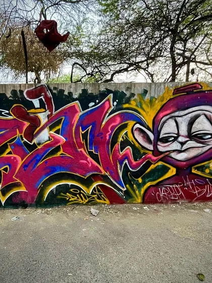 A close-up of a monkey character next to a pink and blue wildstyle piece. Characters are a huge part of graffiti culture.