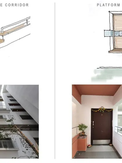 We incorporate thoughtful details to enhance daily life, such as resting places along corridors and a small platform at the entrance of each unit. These features provide convenience and support for residents.