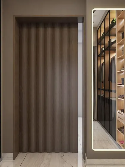 A concept for a luxury walk-in closet with a masculine aesthetic. The design features dark wood, integrated LED lighting, and glass doors to create a sophisticated and organized dressing area.