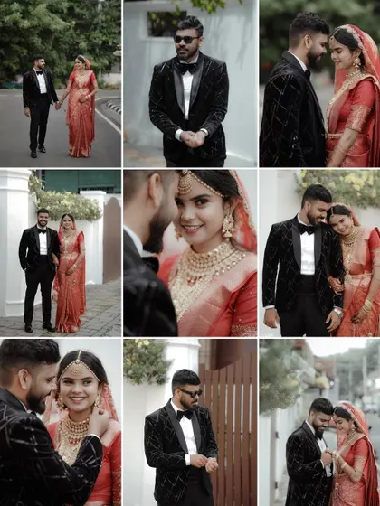A grid collage showcasing a variety of moments from the couple's wedding day, from walking together to intimate close-ups.