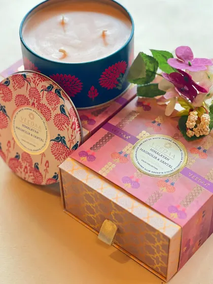 The packaging is the first hint of the luxury within. Our Himalayan Magnolia & Santal three-wick tin candle is housed in a beautifully designed box, reflecting the care and detail we put into every product.