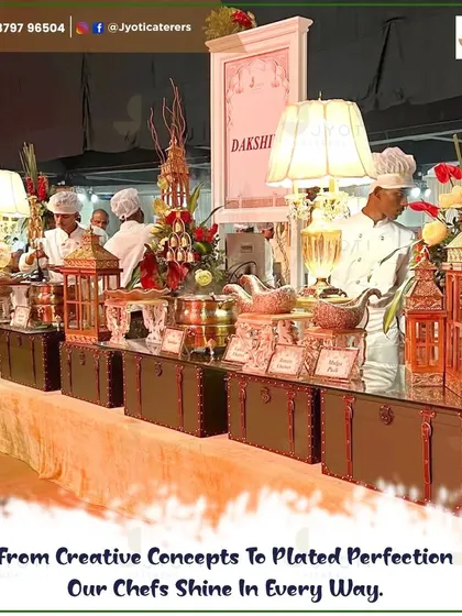 Our chefs meticulously preparing dishes at a royal-themed buffet, showcasing the seamless blend of live service and grand decor.
