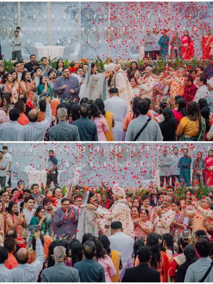A collage capturing the Varmala ceremony from the perspective of the cheering crowd.