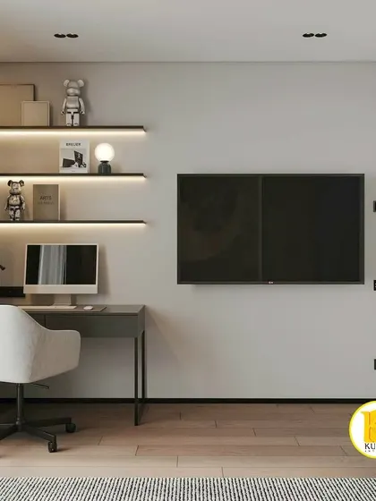 A minimalist and modern study area with floating shelves, a simple desk, and a comfortable office chair.