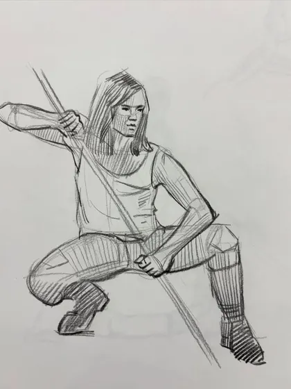 A dynamic figure sketch of a woman in a crouching pose, focusing on anatomy and foreshortening.