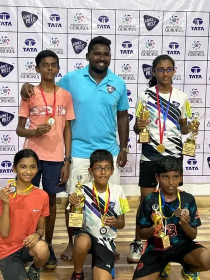 Winners and participants from the Gamesville Badminton Tour, highlighting the strong community at our Tuticorin center.