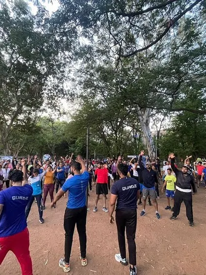 The pre-marathon warm-up session, getting everyone energized and ready to run.