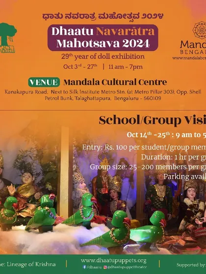 A poster for school group visits for the 2024 Navaratra Mahotsava, with details on booking and timings.