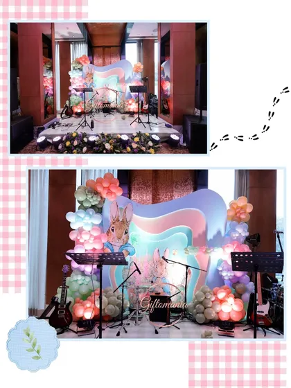 A unique stage setup for a Peter Rabbit themed event that also included a live band, showing how I can integrate entertainment needs into the decor.