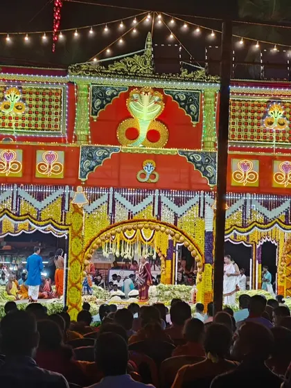 The grand, illuminated stage set for the Nagamandala, with a large cobra motif, drawing thick crowds who wait patiently for hours.