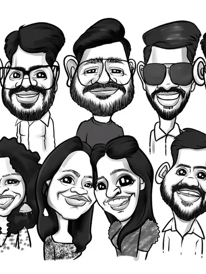 A black and white group caricature created for a team. This is a great way to get a portrait of a large group of friends or colleagues.